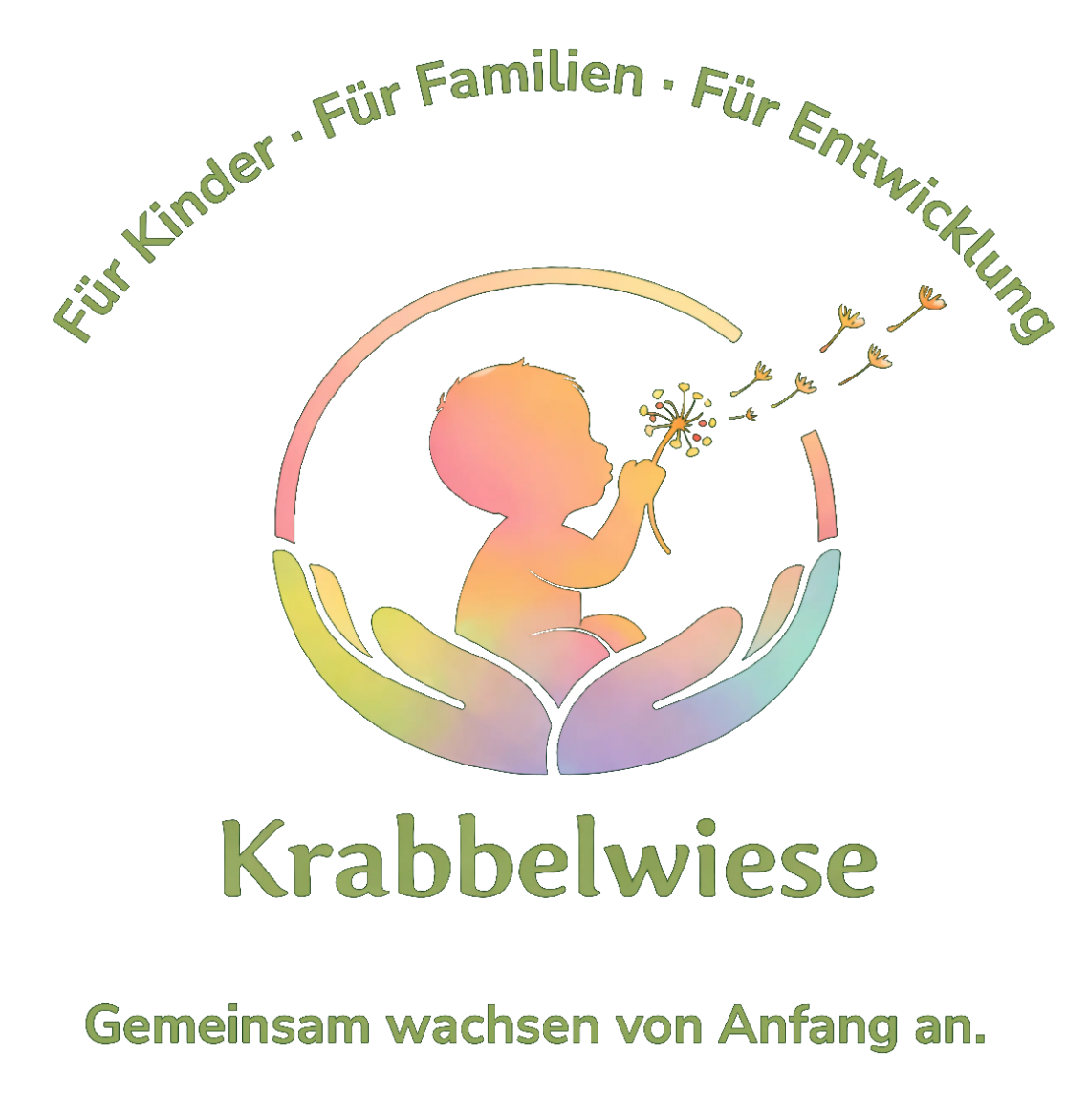 Logo der Krabbelwiese Logo der Krabbelwiese: Kinder, Familien, Entwicklung mit stilisierten Händen und Baby.