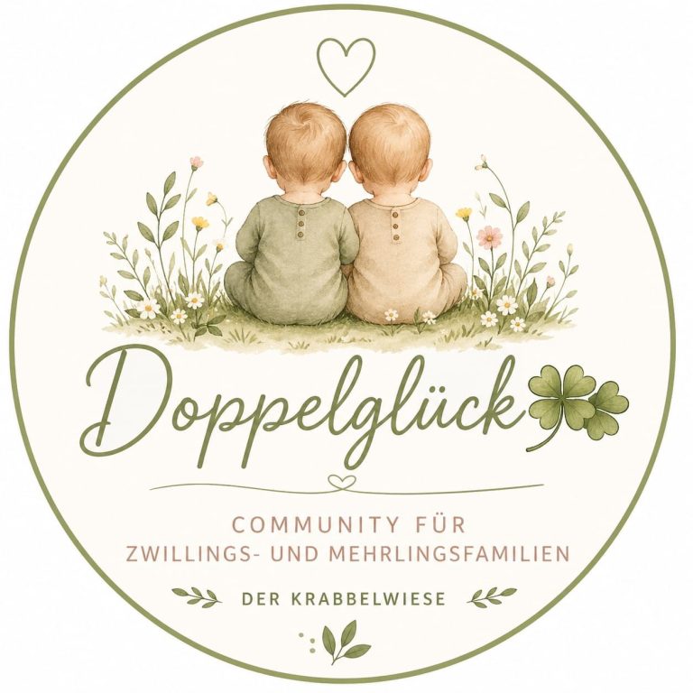 Logo Doppelglück-Community Zwei sitzende Kleinkinder in neutralen Farben, umgeben von einem herzförmigen Rahmen und Kleeblatt.