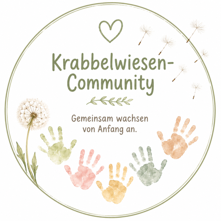 Logo Krabbelwiesen-Community Logo der Krabbelwiesen-Community mit bunten Handabdrücken und dem Slogan „Gemeinsam wachsen von Anfang an“.